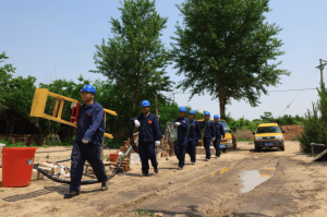 State Grid Fuxin workers carrying tools and ladders for line maintenance in a greenbelt area.