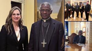 Maryna Ovtsynova, president of the ALLATRA International Public Movement, and Cardinal Peter Turkson, chancellor of the Pontifical Academy of Sciences and the Pontifical Academy of Social Sciences