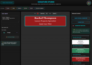 Screenshot of Signature Studio three-panel interface with text input panel on left, center canvas showing Rachel Thompson Luxury Property Specialist signature with red border, and right panel displaying template gallery and advanced typography controls.
