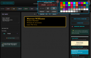 Screenshot of Animation Colors modal with color palette grid, text color buttons, Background and Border controls. Center canvas shows Marcus Williams Senior Partner signature with gold text on black background, demonstrating professional customization with free tier.