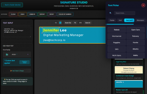 Screenshot of Font Picker modal with search bar, categorized font tabs, and professional font options. Center canvas shows Jennifer Lee signature with mixed typography - yellow name and cyan body text, demonstrating granular font control.
