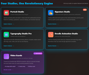 Screenshot of Smart Banner Hub's four-studio ecosystem with Portrait Studio, Signature Studio, Typography Studio Pro, Doodle Animation Studio, and Video Ecards shown as product cards with icons and descriptions, demonstrating the complete Clustrolin DBSCAN platform.