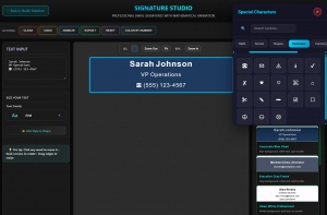 Screenshot of Special Characters modal with Business category showing professional icons. Center canvas shows Sarah Johnson VP Operations signature with phone icon inserted before phone number, demonstrating visual enhancement.