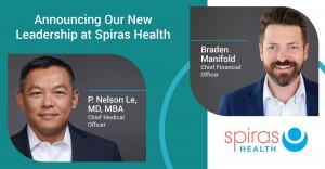 This image shows two men in sports jackets and a logo for Spiras Health accompanied by text welcoming them as new CMO and new CFO