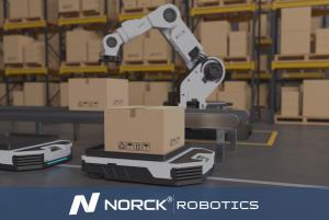 An advanced robotic arm and autonomous mobile robots by Norck Robotics operate seamlessly in a warehouse environment, showcasing the company’s hardware support and precision engineering for next-generation automation solutions.