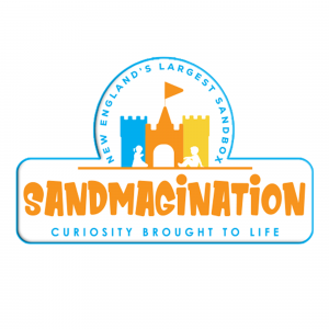 Sandmagination logo featuring a sandcastle with children playing and the tagline “Curiosity Brought to Life.”
