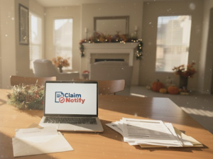 A sunny California home interior. On a wooden table, an open claim notification envelope, stacked documents, and a laptop screen displaying the ClaimNotify.org website are visible. A holiday centerpiece and soft light create a warm, professional, and hope