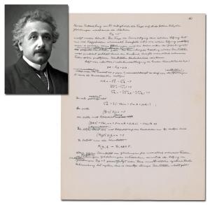 Lots 447 and 448 are autograph manuscripts by Albert Einstein, two pages, offered separately in back-to-back lots, related to Einstein’s Unified Field Theory, representing a combined 440+ words and 29 equations in Einstein’s hand. Estimate: both $20,000-$30,000