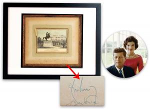 Lot 79 is a JFK and Jackie Kennedy co-signed 1963 Christmas gift - an engraving of an Andrew Jackson statue near the White House, gifted to a friend, Joan Braden, prior to JFK’s assassination. Estimate: $4,000-$5,000