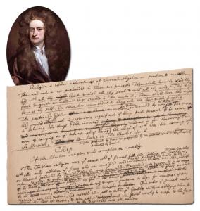 Lot 455 is an autograph manuscript penned by Sir Isaac Newton, circa 1690s-1710s, featuring over 350 words in Newton’s hand, discussing Judaism and Christianity. Estimate: $30,000-$40,000