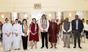 L-R: JVB Samaniji Aarjav Pragyaji, Samani Swati Pragyaji, Dr. Anne Chao, Dean Kathleen Canning, Shri D C Manjunath, Mr. Swatantra Jain, Dr. Sulekh Jain, and Dr. Anudeep Jain.