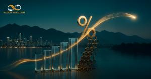 BLOOH Solution capital return policy illustration showing percentage symbol and rising bar chart with honeycomb structure against Vancouver skyline backdrop