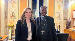 His Eminence Cardinal Peter Turkson, Chancellor of the Pontifical Academy of Sciences and the Pontifical Academy of Social Sciences, with Maryna Ovtsynova, President of the ALLATRA International Public Movement