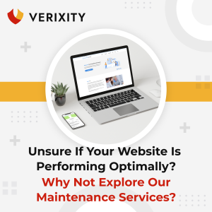 Verixity website maintenance services promotional banner showing laptop and mobile device displaying WordPress management dashboard with company logo and call-to-action for maintenance packages
