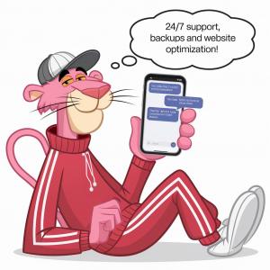 Cartoon illustration of Pink Panther character holding smartphone with customer support chat, representing Verixity 24/7 WordPress maintenance and backup services