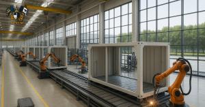 Spacious factory hall with multiple orange robotic arms welding and assembling container modules on a conveyor line, floor-to-ceiling windows along the side, Nexum crest shown in the top-left corner.