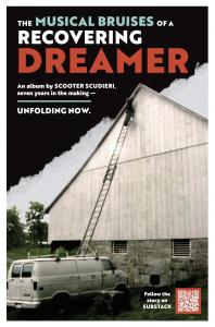 Scooter Scudieri, independent musician and house painter, stands on top of a ladder resting on his van while painting the peak of a barn. The van displays a QR code that links to his Substack project, “The Musical Bruises of a Recovering Dreamer,” symboli