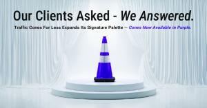 A vibrant purple JBC traffic cone displayed on a white pedestal with elegant white curtains in the background. Text above reads Our Clients Asked - We Answered. Traffic Cones For Less Expands Its Signature Palette - Cones Now Available in Purple.