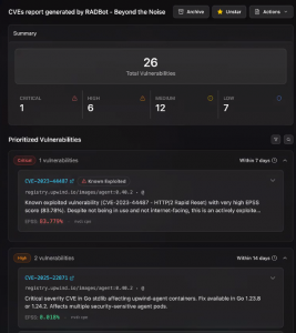 RADBot's CVEs report shows AI Workers finding the most important vulnerabilities across all tools and reporting on them.