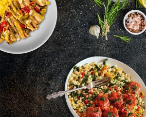 Prepared Foods from Demeter’s Pantry featuring Greek-Inspired Chicken Bowl with White Rice in Lemon Tarragon Dressing and Turkey Meatballs in Moroccan-Inspired Sauce with Couscous, representing Mediterranean and Latin cuisines