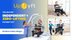 UpLyft patient lift system being used for self-transfer by a double amputee, as well as being used for assisted transfer, performed by a nurse and a loved one.