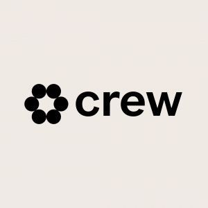 Crew logo featuring a circular dot icon next to the word “crew” in bold black text on a light beige background.