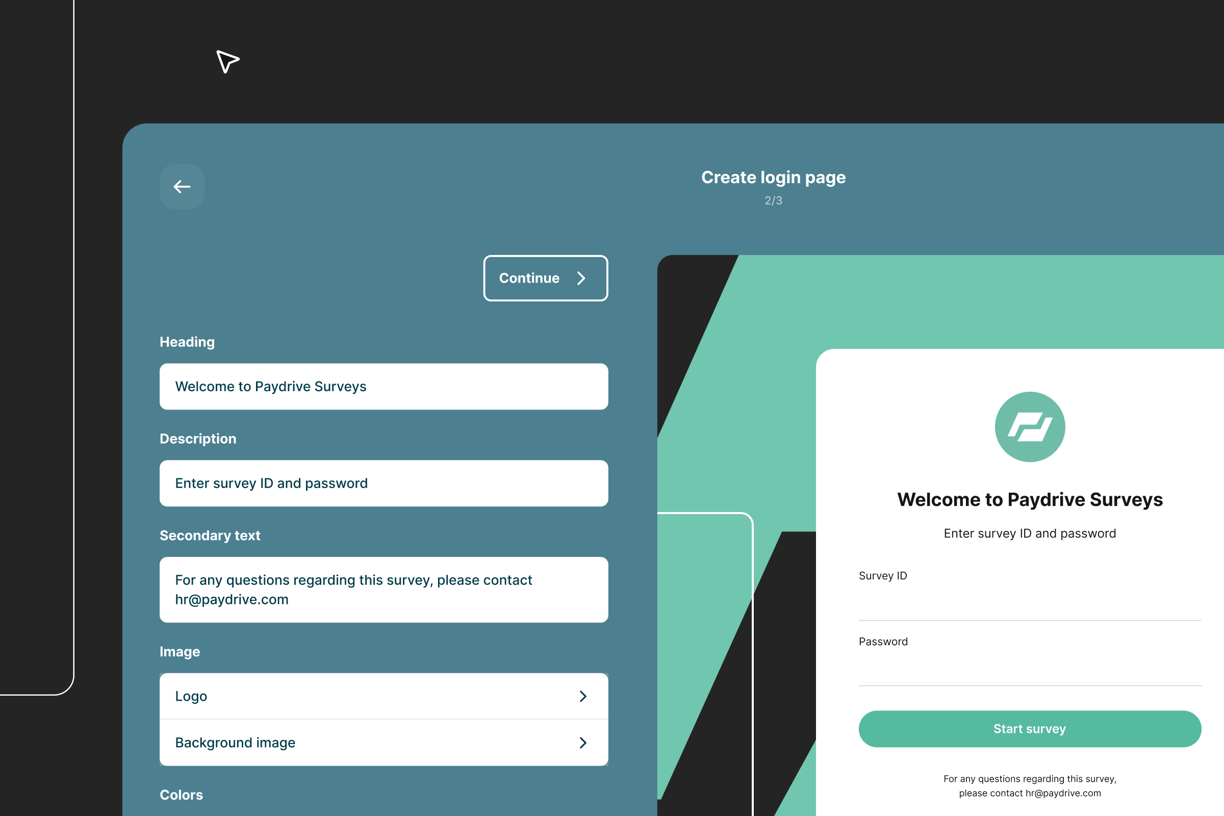 Screenshot of Enalyzer Survey Platform interface showing a custom branded survey login page with editable fields for heading, description, contact details, logo, and colors.
