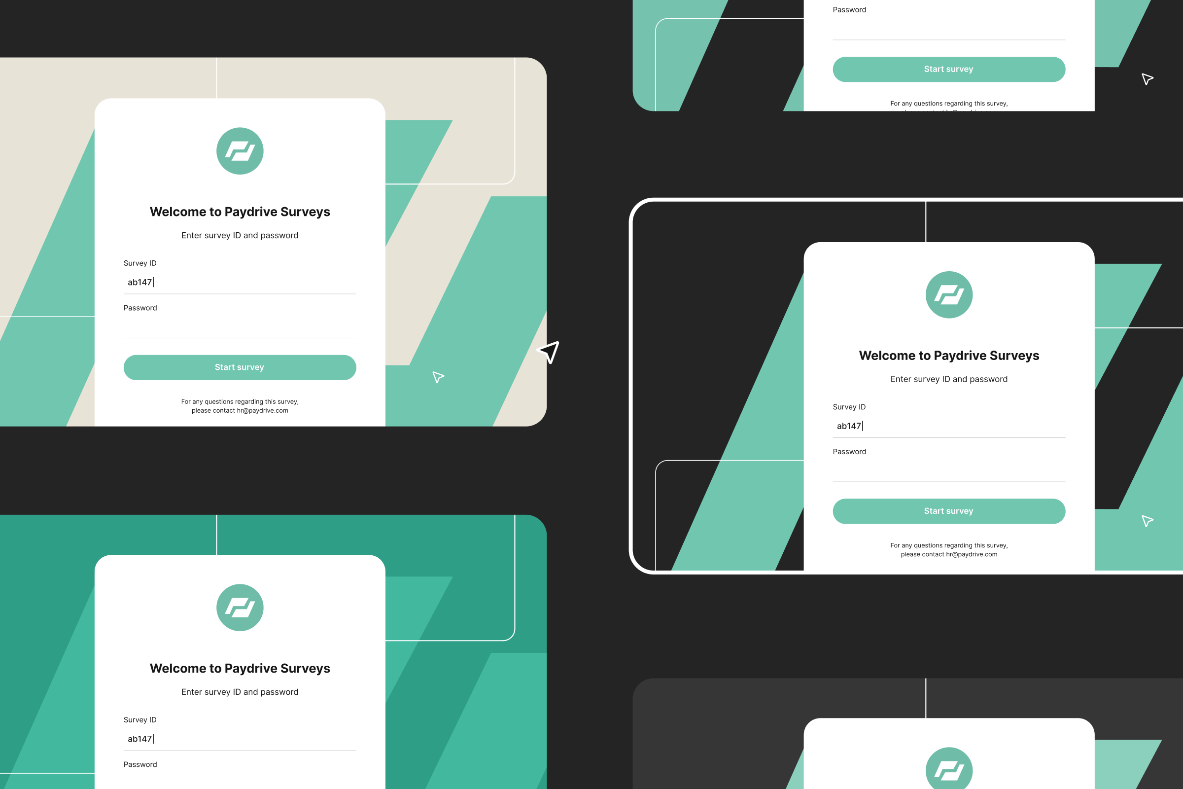 Multiple custom login pages designed with the Enalyzer Survey Platform, enabling organizations to create different branded survey entry points for marketing, HR, and customer feedback while maintaining a unified visual identity.