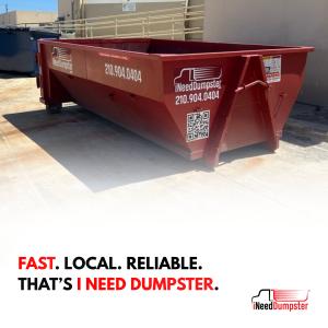 I Need Dumpster truck delivering roll-off container in Boerne, Texas, highlighting service expansion to San Antonio suburbs.
