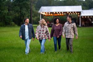 Kids walking in Palmetto Moon clothing on a fall day