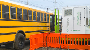 Pontiac EV bus being charged by L-Charge Unit