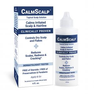 The carton and bottle of CalmScalp Scalp Serum for reducing flakes, redness and itchy irritation of the scalp and hairline