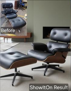 Side-by-side comparison showing a worn black leather Eames-style lounge chair and ottoman in a cluttered workshop (‘Before’) versus a clean AI-enhanced version of the same chair placed in a modern living room (‘ShowItOn Result’), demonstrating ShowItOn.ai