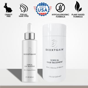 Deoxygain hair regrowth serum made in the USA, cruelty-free and plant-based formula for all hair types.