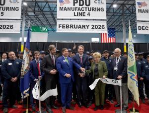(L-R) Juan Pablo Segura, Secretary of Commerce for Virginia, Niall McFadden, Group CEO of CEL Critical Power Group, Governor Glenn Youngkin and Geraldine Byrne Nason, Irish Ambassador to the US, cut the ribbon to officially open CEL’s first manufacturing 