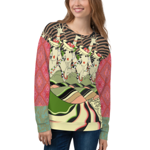 Woman modeling the CanCan Girls all-over-print sweatshirt