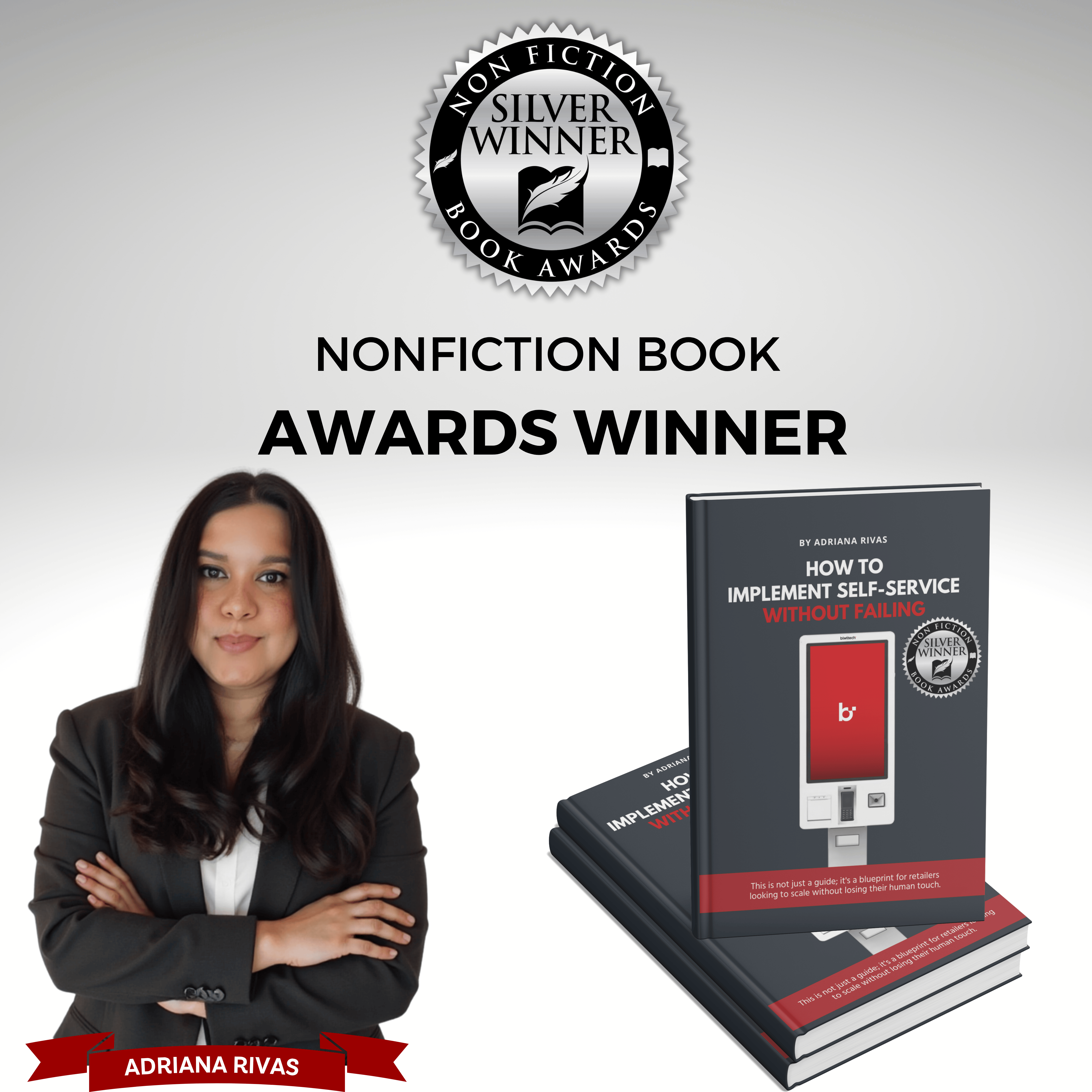 Portrait of Adriana Rivas, retail technology executive and author, receiving the 2025 Silver Nonfiction Book Award for “How to Implement Self-Service Without Failing.”