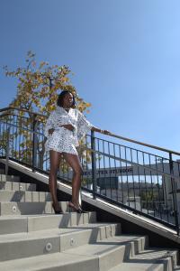 Model wearing the Sérénité Women’s Two-Piece Set, a one-of-a-kind look designed for movement, meaning, and warm-weather escapes