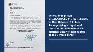 Official recognition of ALLATRA by the Vice Ministry of Civil Defense of Bolivia for organizing a High-Level Seminar on Civil Defense and National Security in Response to the Climate Threat