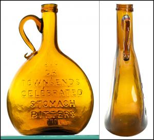Circa 1865-1875 “Old Dr. Townsend’s Celebrated Stomach Bitters” bottle (Ring/Ham, T-51), of yellow amber chestnut form, 8 ¾ inches tall, with an applied ring mouth and handle ($16,380).