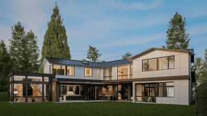 Contemporary Bellevue custom home by ARIID Build & Remodel with large glass walls, outdoor entertainment area, and elegant landscaping.