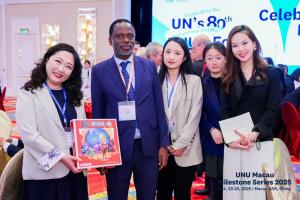 In the photo, the first person on the left (Ms. Ada Han, Secretary General of the Boke Foundation) is holding the SDG Hero box, and the second person from the left (Prof. Tshilidzi Marwala,) is Rector of the United Nations University and UN Under-Secretar
