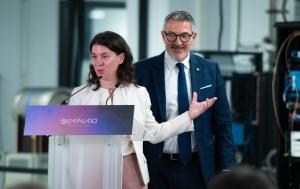 Dr. Marta Estarellas, CEO of Qilimanjaro Quantum Tech, speaks at the grand opening of the company's Quantum Data Center as Miquel Sàmper, Minister for Business and Labour at the Government of Catalonia listens.