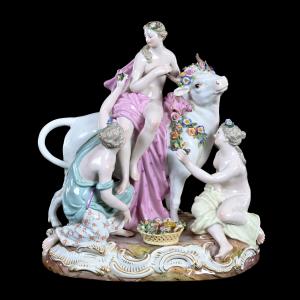 Figural group marked Meissen with the blue crossed swords, incised #2697, featuring the mythical figure Europa, sitting on a bull with two maidens. Estimate: $1,000-$1,500.