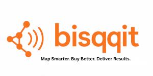 bisqqit logo featuring an orange geo-node and signal icon, with the tagline ‘Map Smarter. Buy Better. Deliver Results.