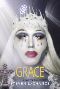 Book cover for Grace by Steven LaChance. A haunting, ethereal figure with glowing yellow eyes and pale skin stares forward beneath a crown of ice and pearls adorned with a jeweled cross. Violet tears stream down from heavily shadowed eyes, one turning to 