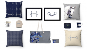  Pillows, Mugs, Art Prints, Tote Bags and Hats Printed  with Horses and Equestrian Tack in Blue and Neutral Color Combinations