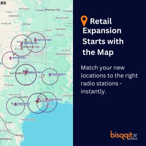 Map graphic showing bisqqit’s geo-coded radio coverage circles across Texas and Oklahoma with the text ‘Retail Expansion Starts with the Map — Match your new locations to the right radio stations instantly.