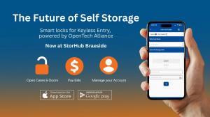 StorHub presents smart locks for keyless entry at StorHub Braeside powered by OpenTech with image of white labelled mobile app and icons to download app