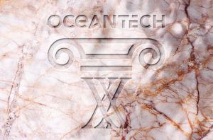 An image of the OceanTech logo set in marble stone, held up by a pillar made from the roman numeral 20